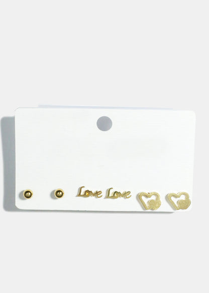 3-Pair "LOVE" & Heart Stud Earrings