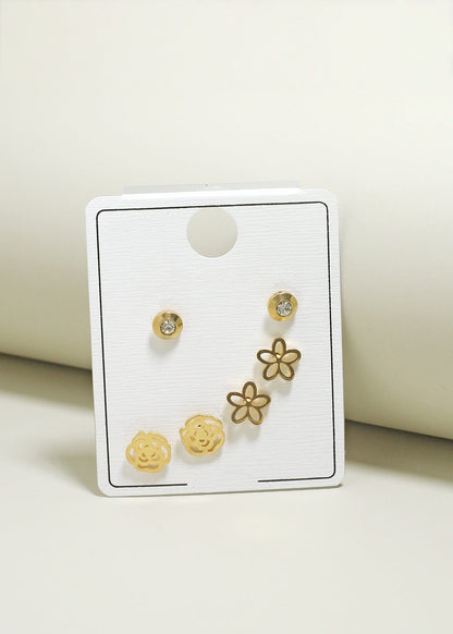 3-Pair Flower & Rose Stud Earrings