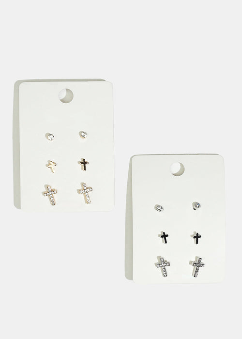 3-Pair Rhinestone Cross Stud Earrings