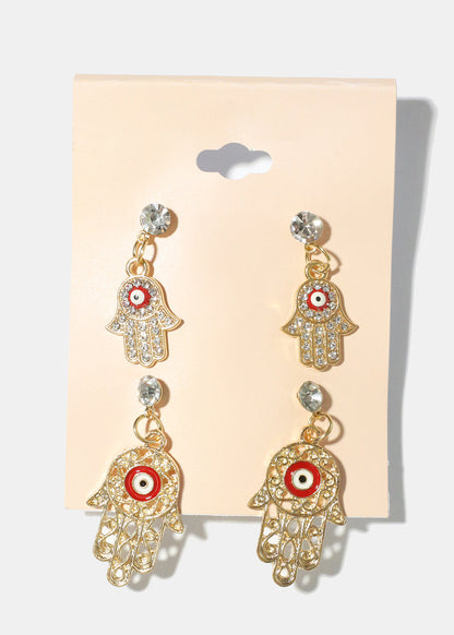 2 Pair Dangle Hamsa Hand Earrings